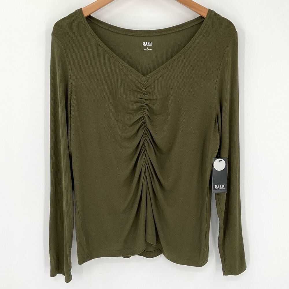 a.n.a A New Approach Ribbed‎ Long Sleeve V-Neck Shirt Green Women Large Soft NWT